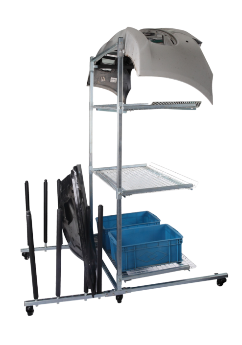 mobile bumper storage rack with accessory basket